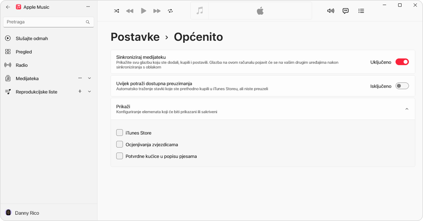 Aplikacija Apple Music za Windows s prikazom uključene sinkronizacije medijateke u odjeljku Postavke > Općenito 
