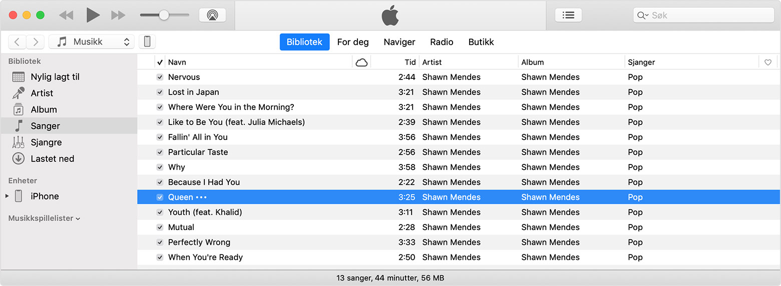 En sang som er valgt i et iTunes-bibliotek.
