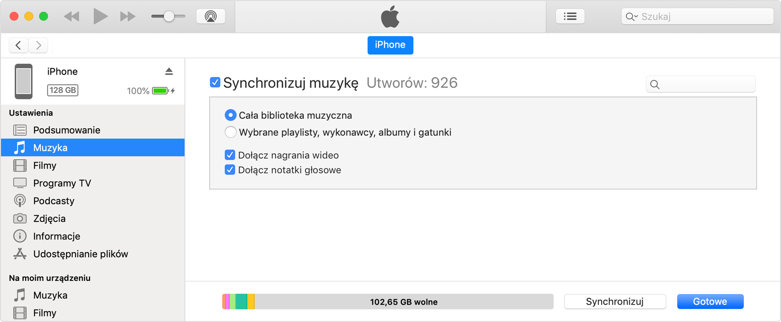 iTunes może wyświetlić podsumowanie wszystkich multimediów znajdujących się na podłączonym urządzeniu.