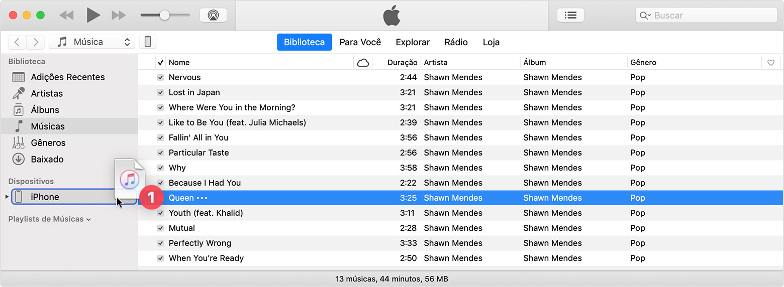 Você pode arrastar uma música para o dispositivo.