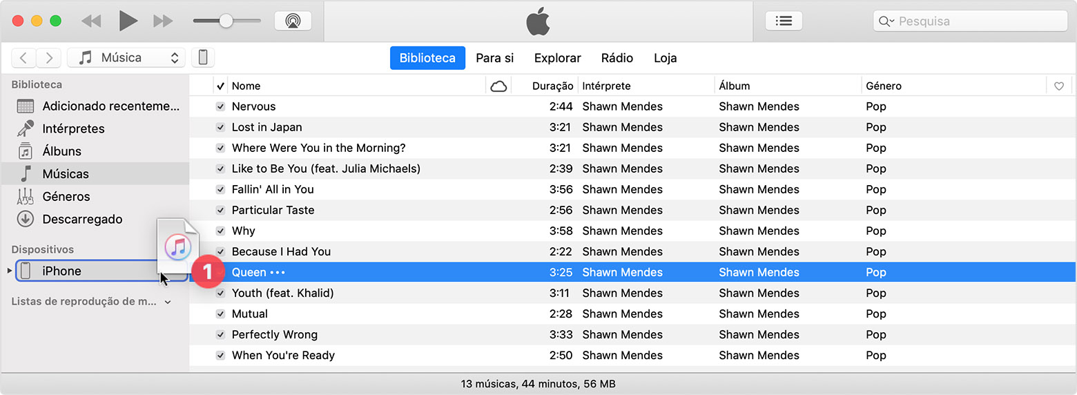 Pode arrastar uma música para o seu dispositivo.