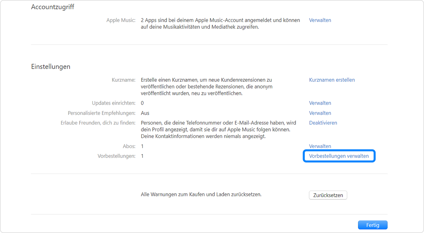 Apple Music-App für Windows-PC mit der Option „Vorbestellungen verwalten“ in den Account-Einstellungen