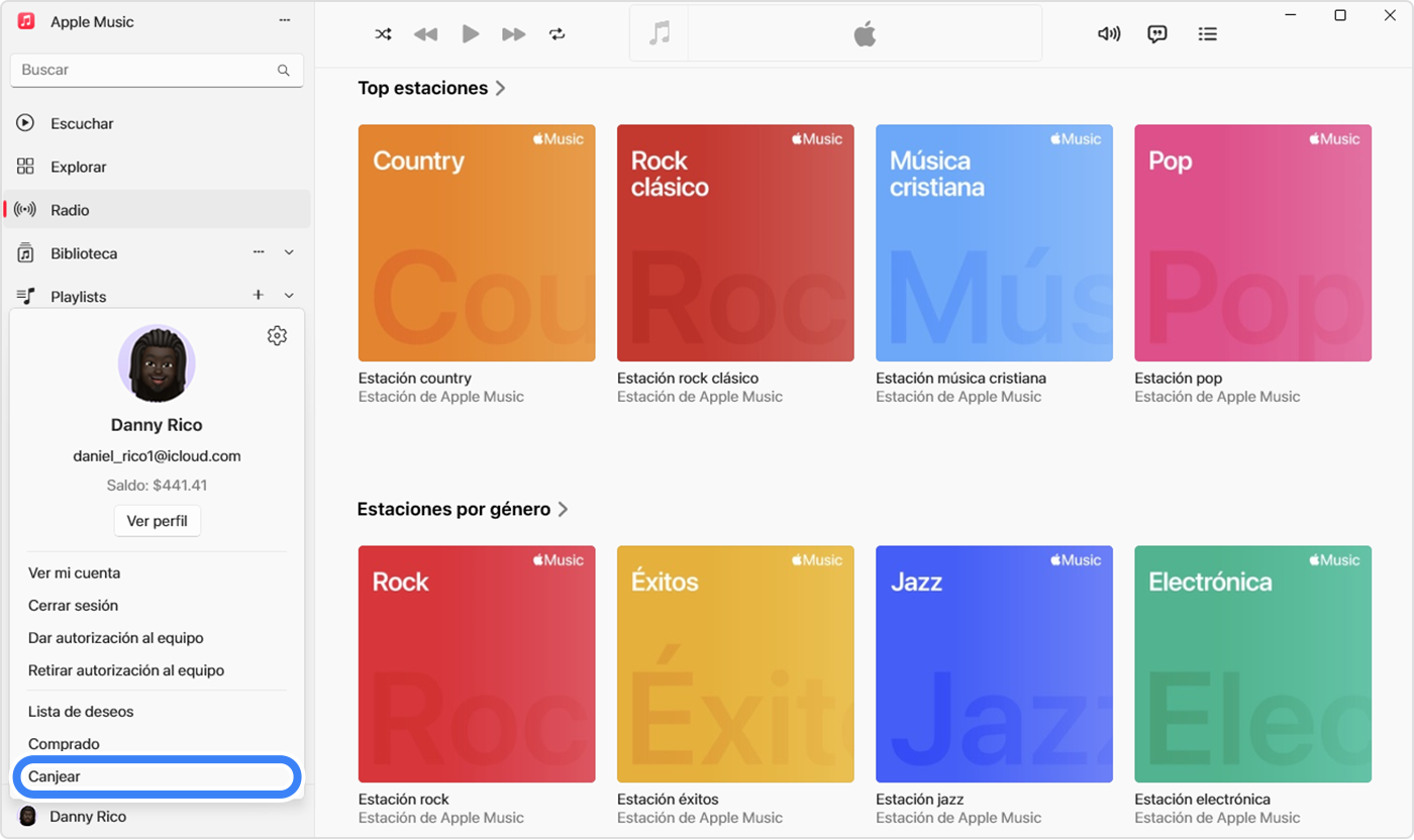 La app Apple Music en una PC que tiene la opción Canjear seleccionada para canjear una tarjeta de regalo