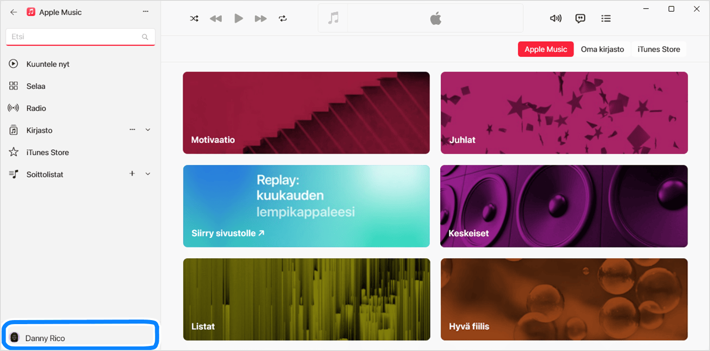 Apple Music ‑apin Windows-versiossa näkyy käyttäjän nimi valittuna sivupalkin alaosasta.