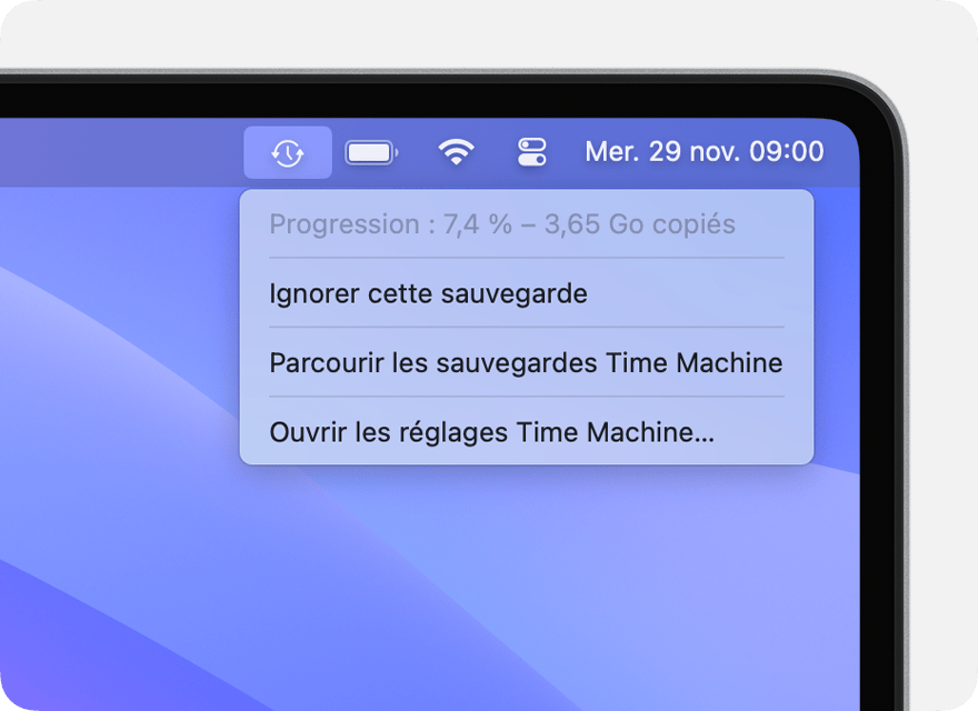 Menu Time Machine affichant la progression d’une sauvegarde en cours