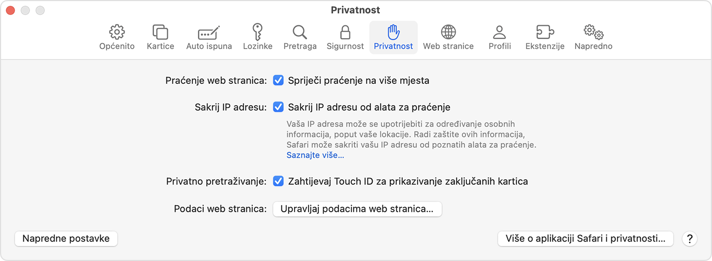 Na Mac računalu idite na Safari > Postavke, a zatim odaberite Privatnost kako biste uključili opciju traženja Touch ID-ja u svrhu prikaza zaključanih kartica.