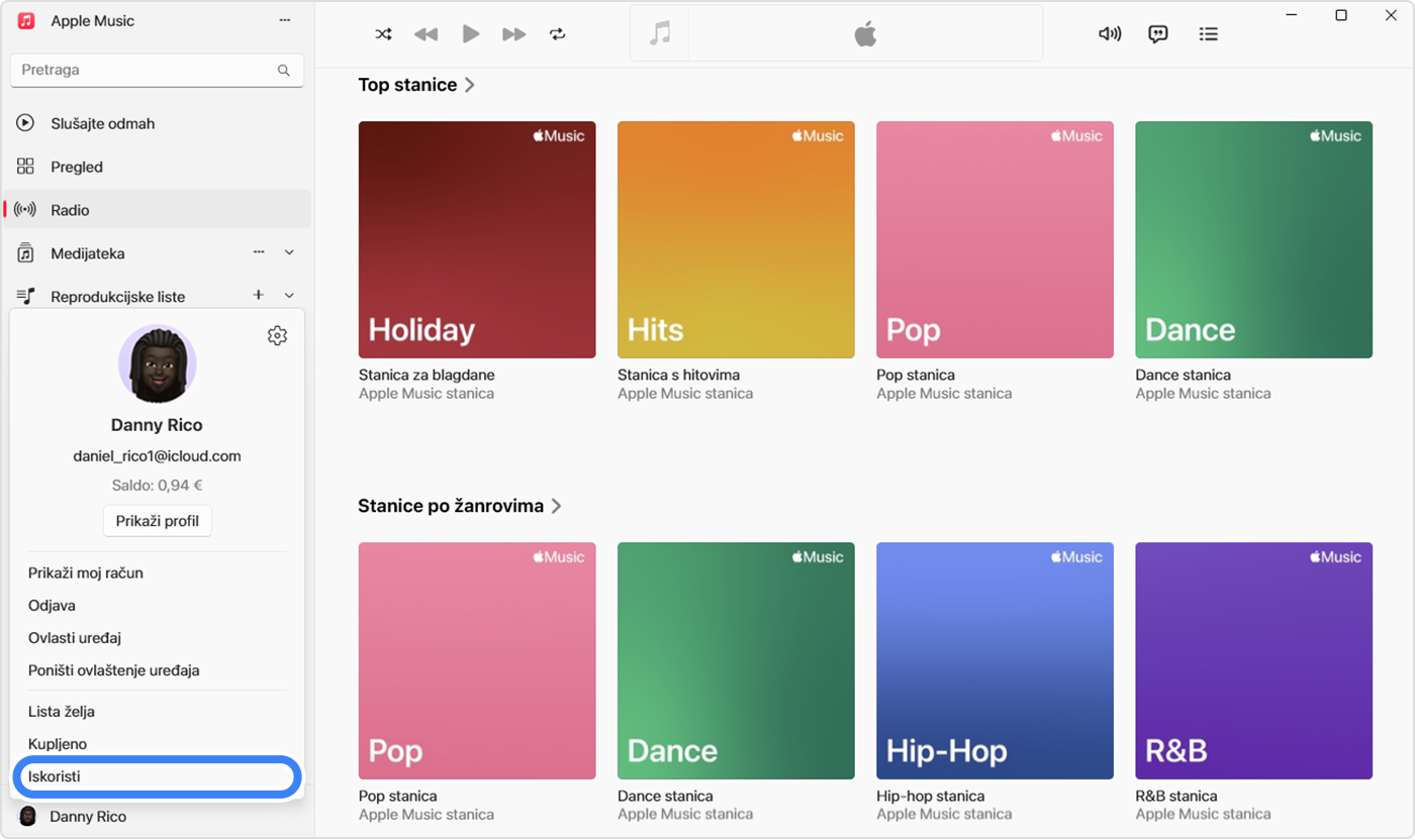 Aplikacija Apple Music na PC računalu s odabranom opcijom iskorištavanja darovne kartice Iskoristi