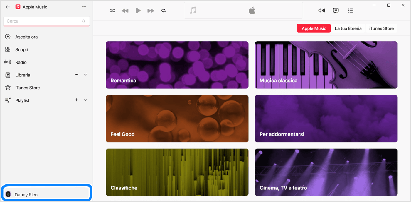 App Apple Music per Windows che mostra un nome utente selezionato nella parte inferiore della barra laterale.