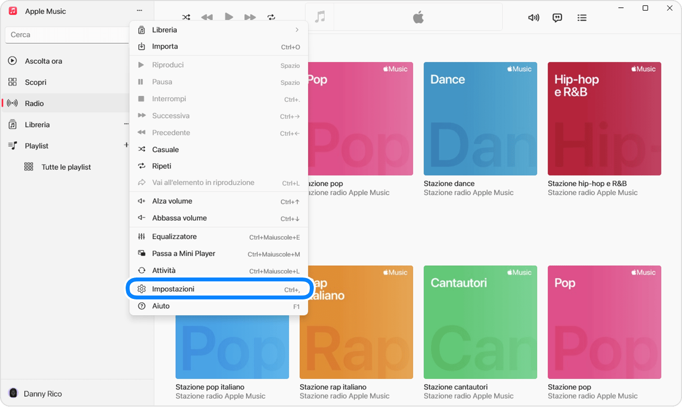 App Apple Music per Windows che mostra le impostazioni nel menu visualizzato quando si fa clic su Azioni della barra laterale.