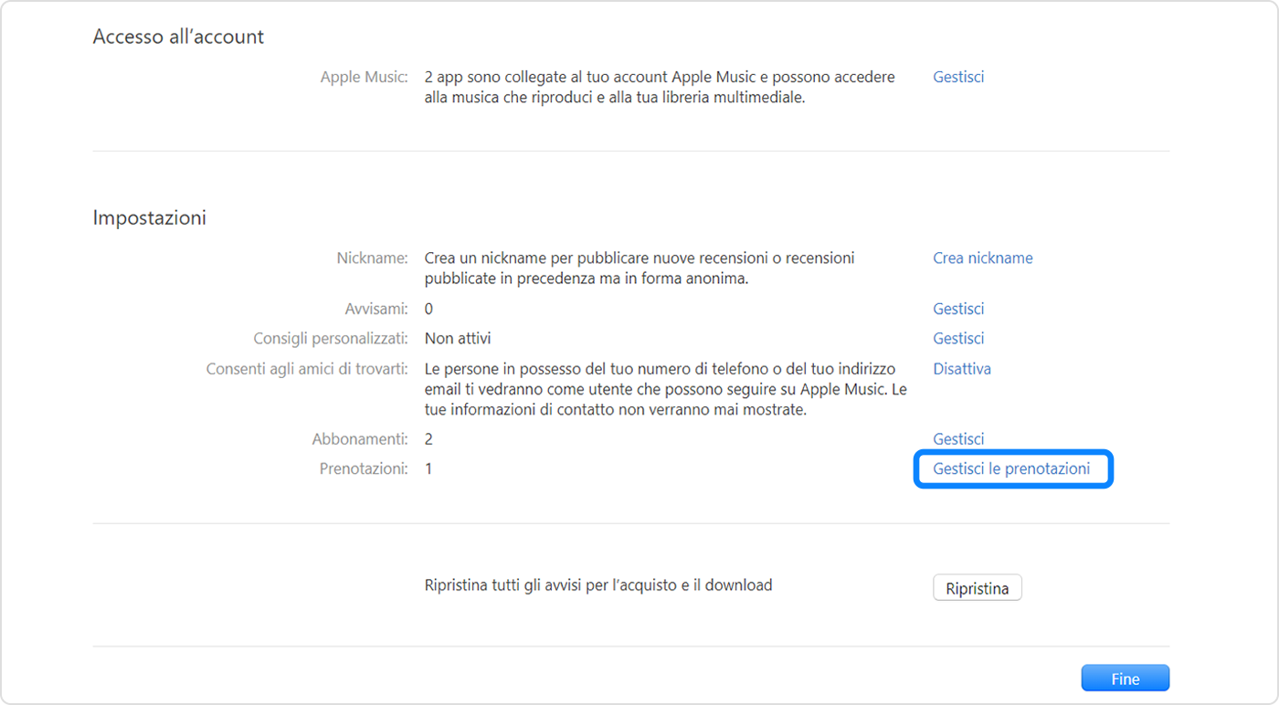 Opzione Gestisci le prenotazioni in Impostazioni account sull'app Apple Music per PC Windows