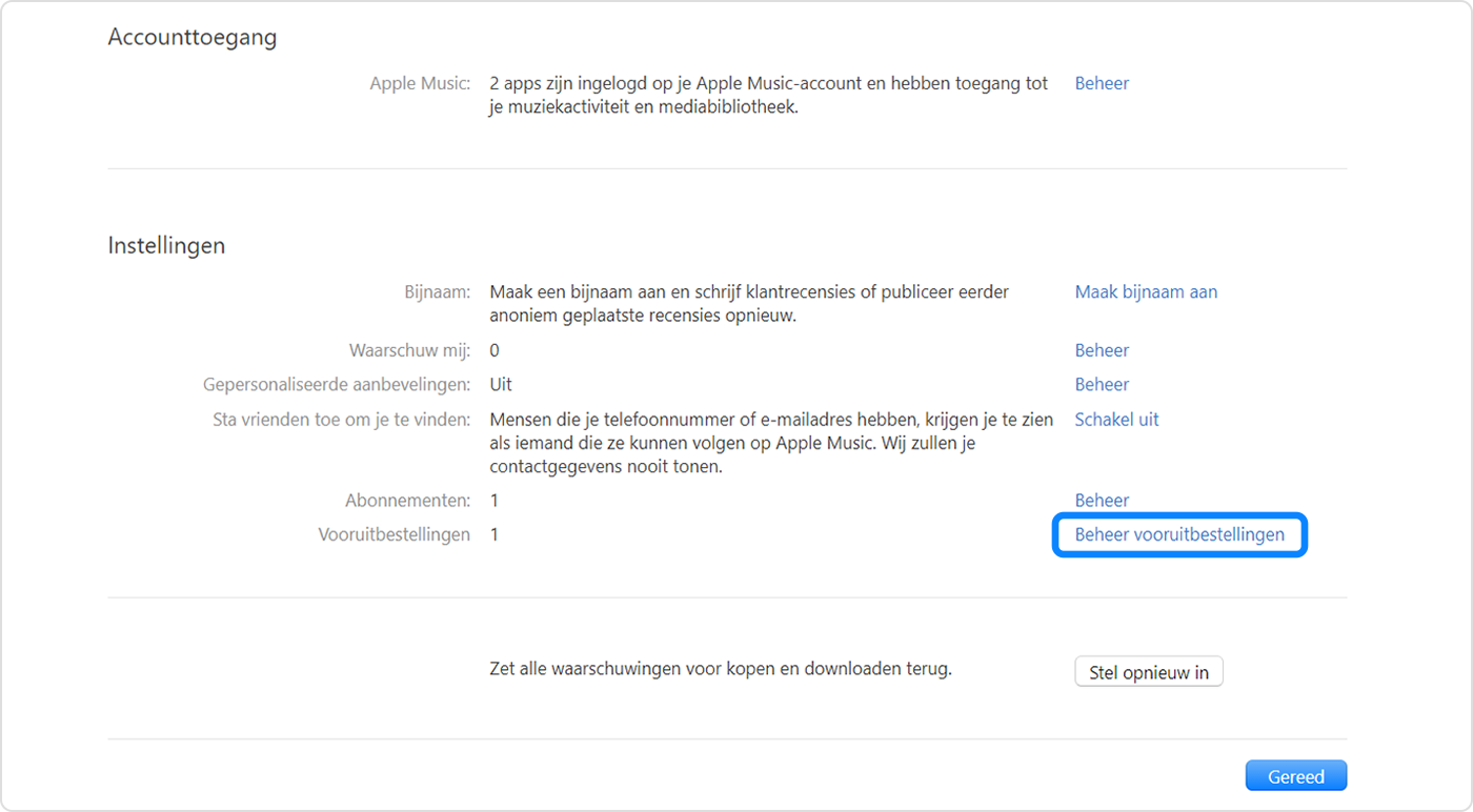 Apple Music-app voor Windows-pc die 'Vooruitbestellingen' in 'Accountinstellingen' toont