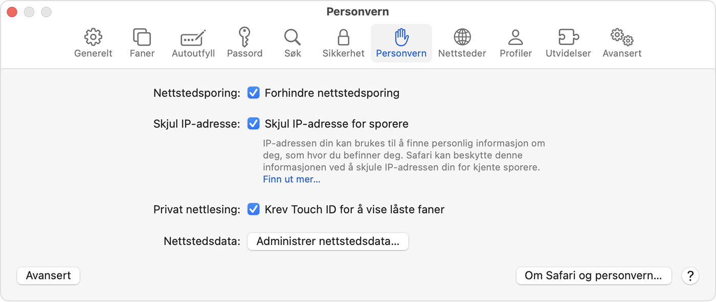 På Mac går du til Safari > Innstillinger og velger Personvern for å slå på Krev Touch ID for å vise låste faner.