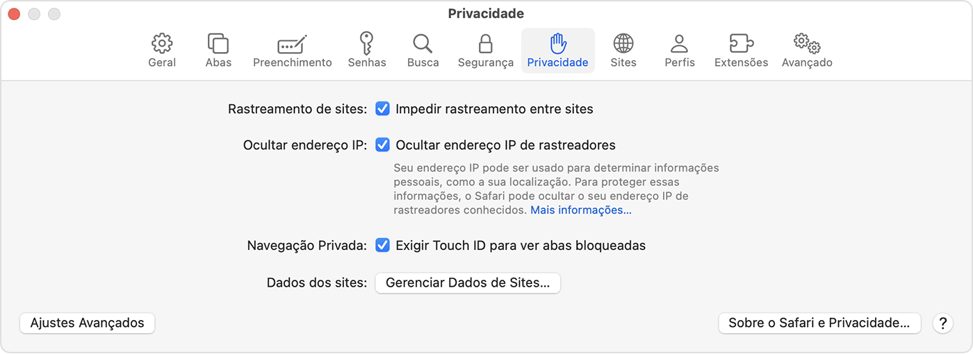 No Mac, acesse Safari > Ajustes e selecione Privacidade para ativar a opção de exigir o Touch ID para ver as abas bloqueadas.