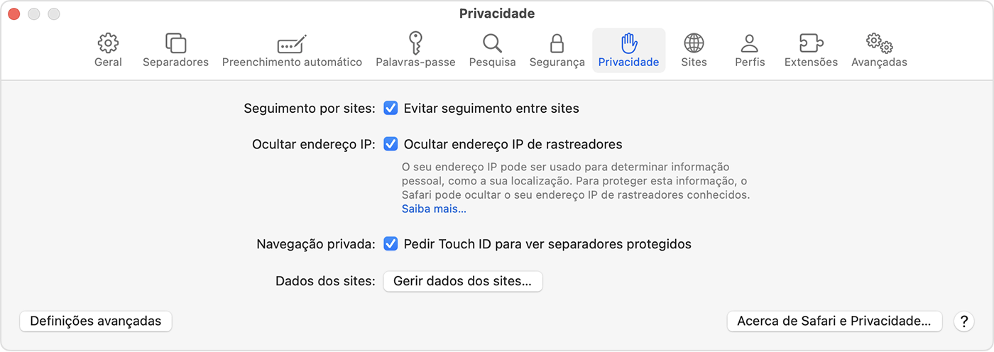 No Mac, aceda a Safari > Definições e selecione Privacidade para ativar a opção Pedir Touch ID para ver separadores protegidos.