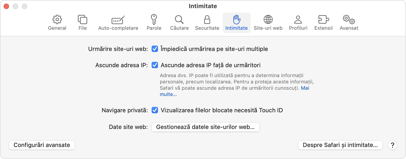 Pe Mac, accesează Safari > Configurări, apoi alege Intimitate pentru a activa sau a dezactiva opțiunea Vizualizarea filelor blocate necesită Touch ID.