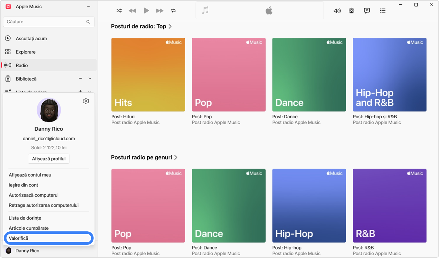 Aplicația Apple Music pe un PC care afișează opțiunea Valorificați selectată pentru a valorifica un card cadou