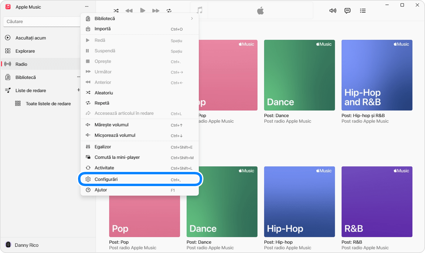 Aplicația Apple Music pentru Windows, care afișează funcția Configurări în meniul care apare atunci când faci clic pe acțiunile din bara laterală.