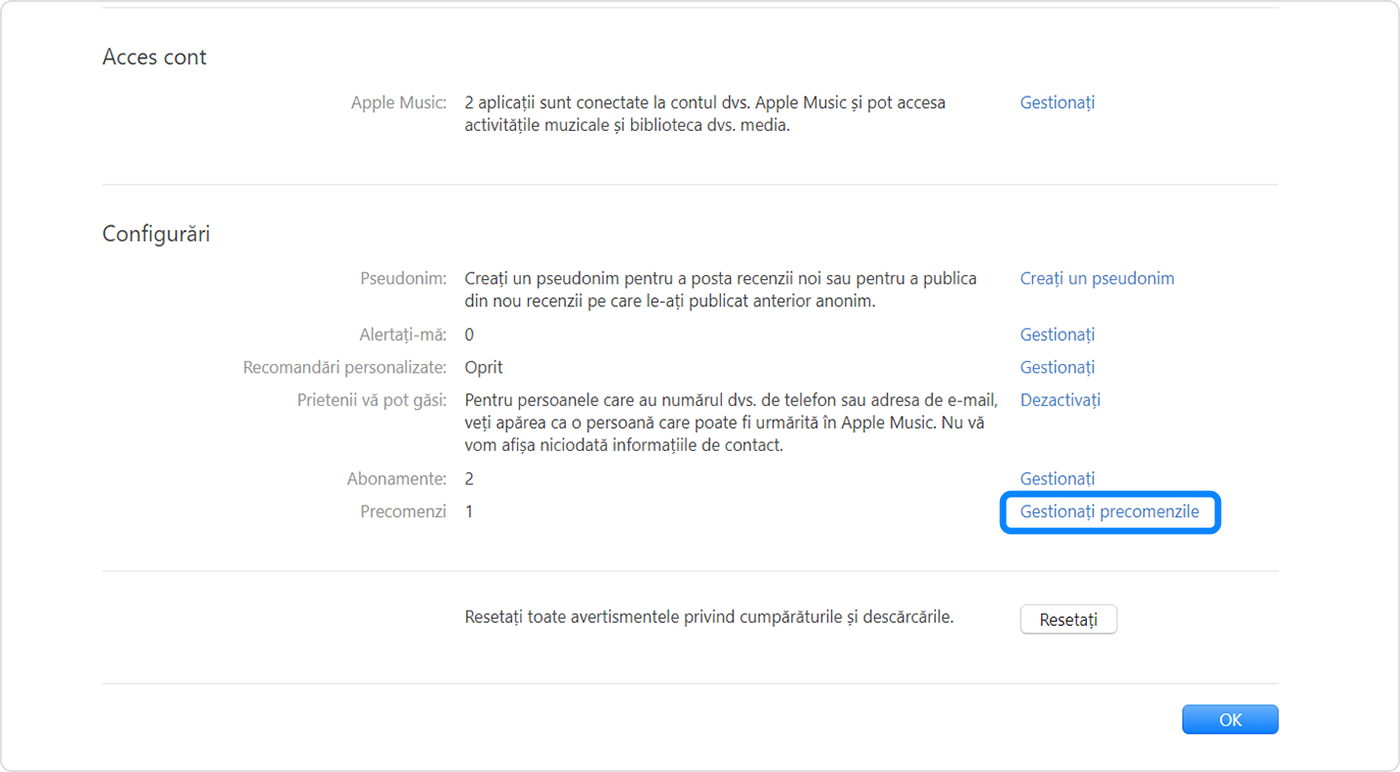 Aplicația Apple Music pentru Windows PC afișând Gestionați precomenzile în Configurări cont
