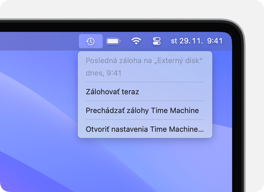 Menu Time Machine s podrobnosťami o poslednom zálohovaní