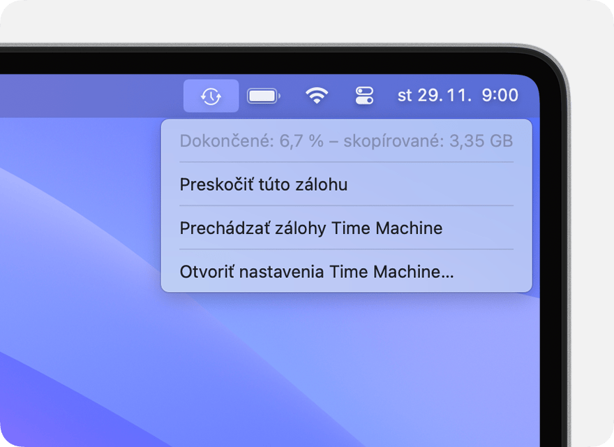 Menu Time Machine so zobrazením prebiehajúceho zálohovania