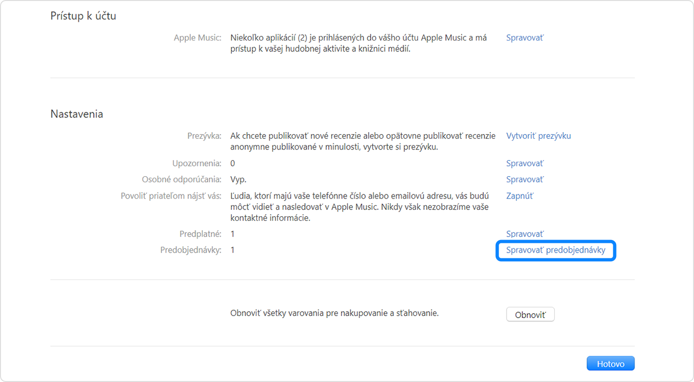 Apka Apple Music pre PC s Windowsom zobrazujúca položku Spravovať predobjednávky v časti Nastavenia účtu