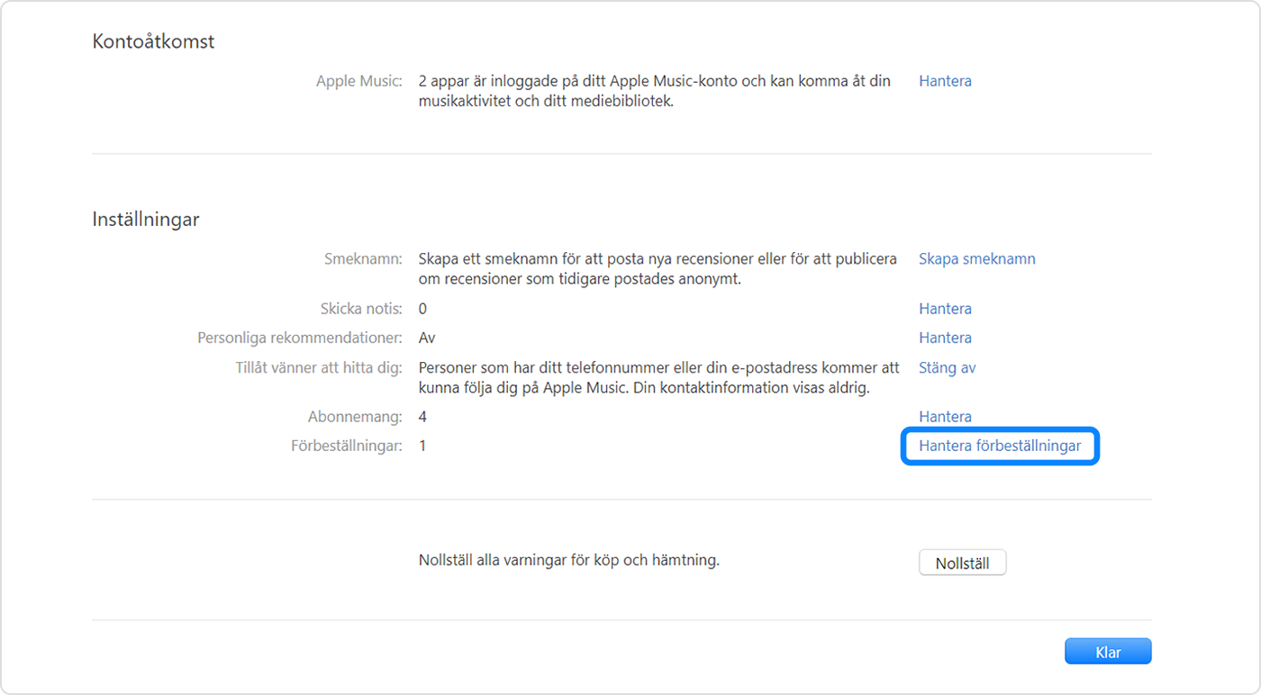 Apple Music-appen för Windows PC som visar Hantera förbeställningar i Kontoinställningar