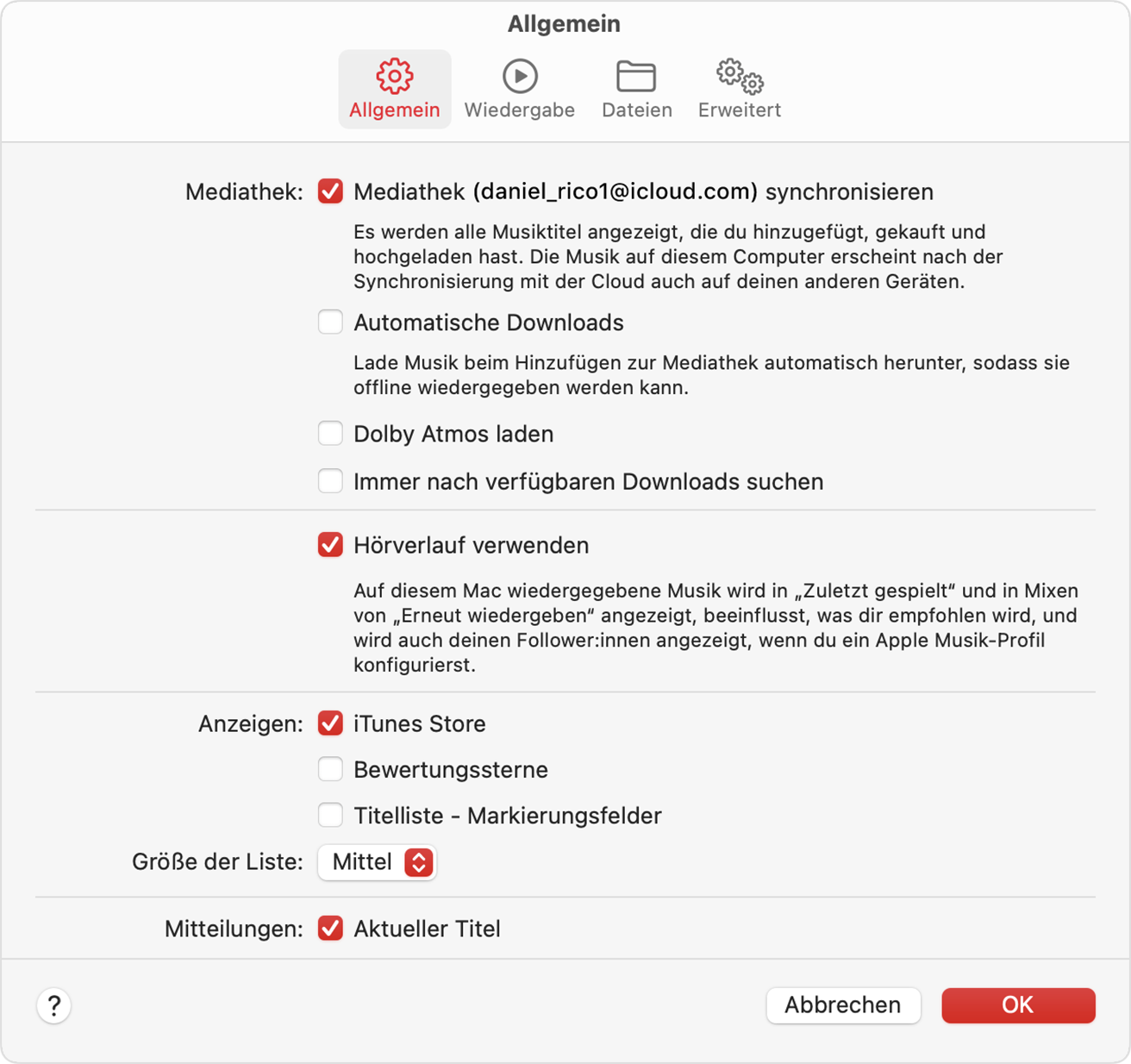 Apple Music-Einstellungen, in denen „Mediathek synchronisieren“ aktiviert ist.