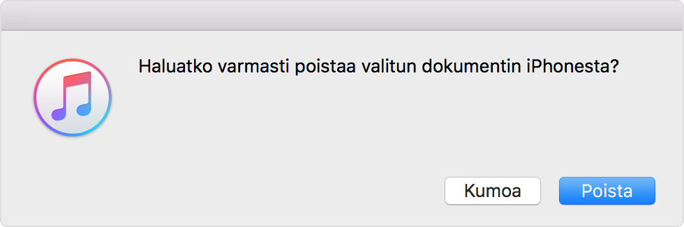 Vahvista valitun dokumentin poisto valitsemalla iTunesista Poista-painike.