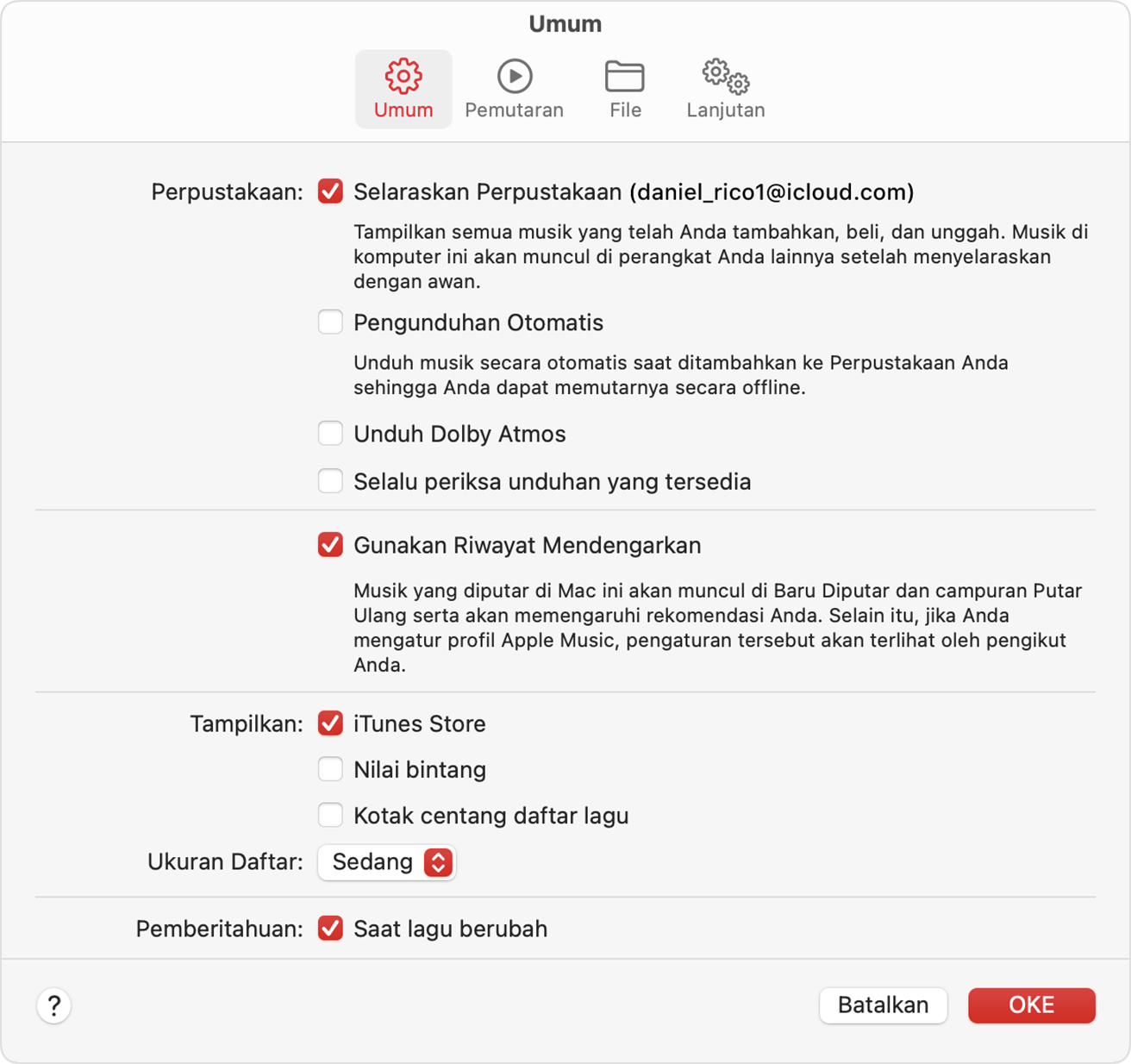 Pengaturan Apple Music menampilkan Selaraskan Perpustakaan yang diaktifkan