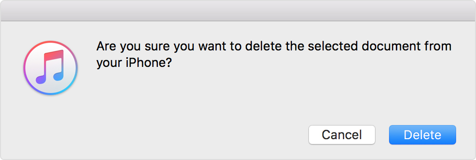 Select Delete button in iTunes to confirm you want to delete the selected document.