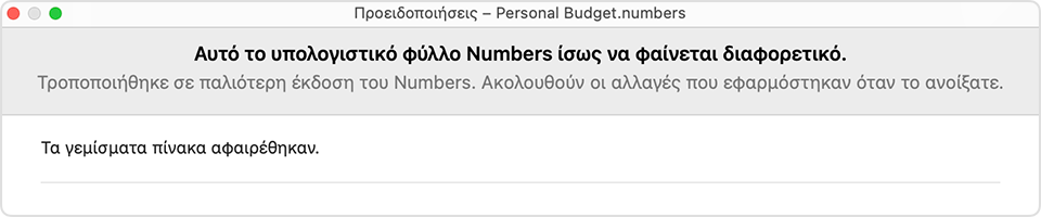 Ειδοποίηση Numbers «Αυτό το υπολογιστικό φύλλο Numbers ίσως να φαίνεται διαφορετικό.»