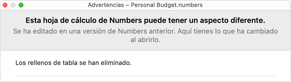 Advertencia de Numbers “Esta hoja de cálculo de Numbers puede tener un aspecto diferente”.