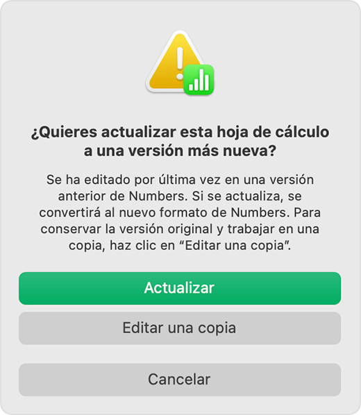 Aviso “¿Quieres actualizar esta hoja de cálculo a una versión más nueva? de Numbers