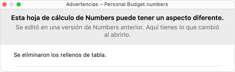 Advertencia de Numbers “Esta hoja de cálculo de Numbers puede tener un aspecto diferente”.