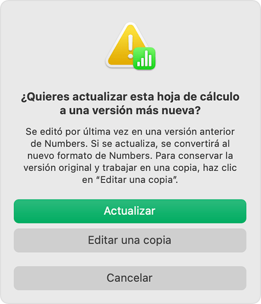 Numbers “¿Quieres actualizar esta hoja de cálculo?” aviso