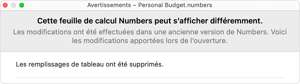 Avertissement Numbers « Cette feuille de calcul Numbers peut s’afficher différemment. »