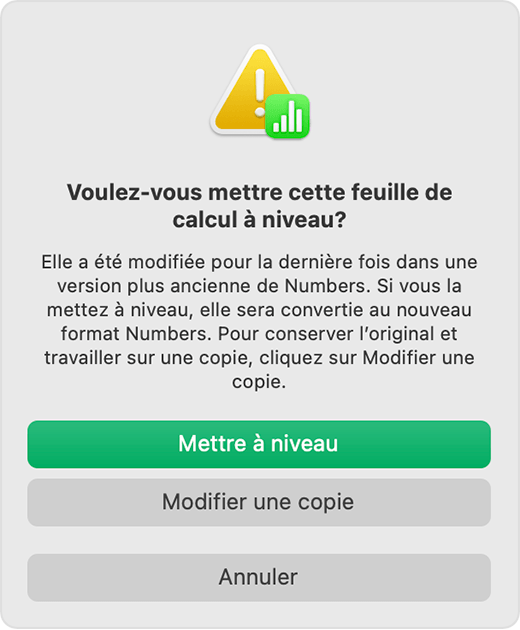 Alerte Numbers « Voulez-vous mettre cette feuille de calcul à niveau? » 