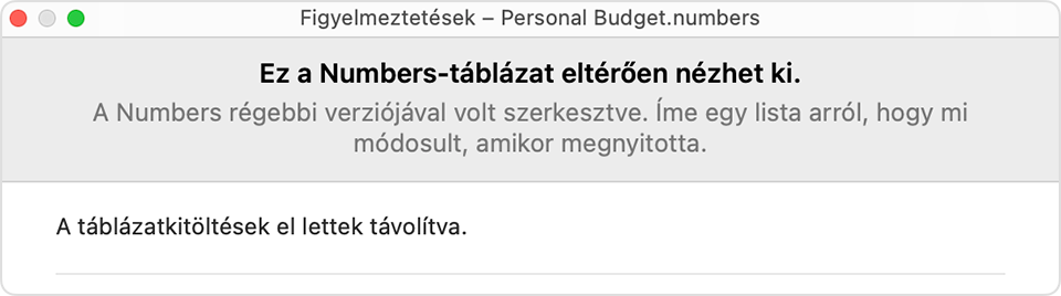 Numbers-figyelmeztetés: „Ez a Numbers-táblázat eltérően nézhet ki.”