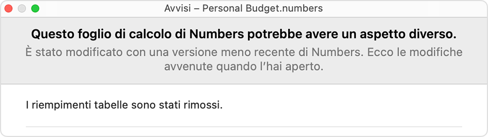 Avviso di Numbers che indica che il foglio di calcolo di Numbers potrebbe avere un aspetto diverso.