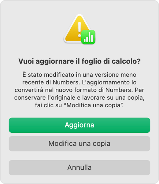 Finestra del foglio di calcolo di Numbers che chiede se si desidera aggiornare il foglio di calcolo