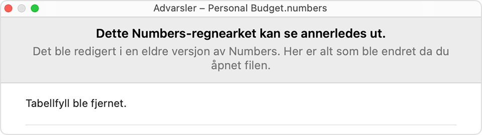 Numbers-advarsel: «Dette Numbers-regnearket ser kanskje annerledes ut.»