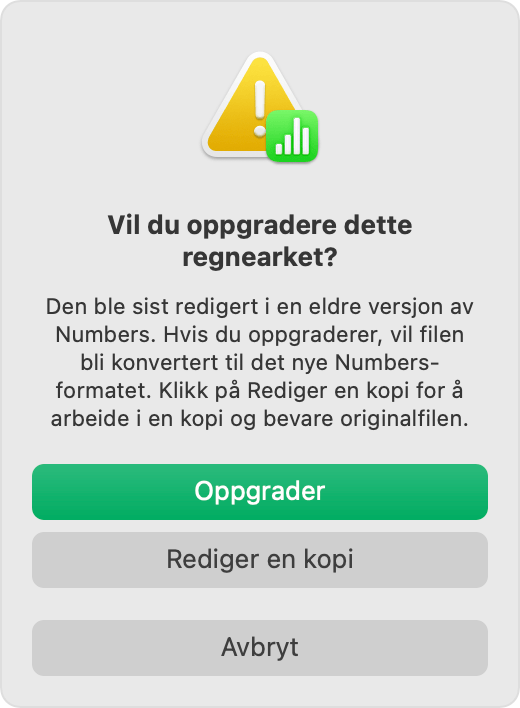Numbers: «Vil du oppgradere dette regnearket?» varsel