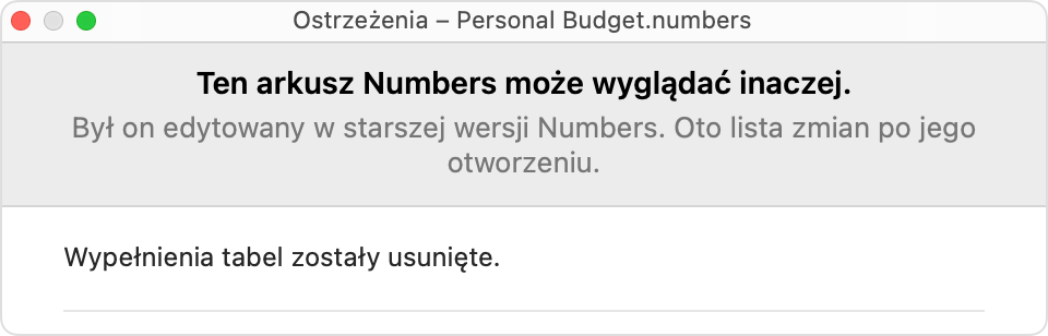 Ostrzeżenie w aplikacji Numbers: „Ten arkusz Numbers może wyglądać inaczej”.