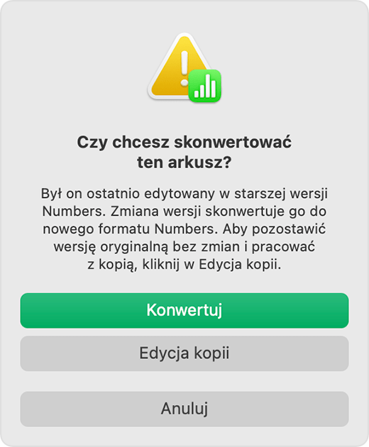 Alert „Czy chcesz przekonwertować ten arkusz?” w aplikacji Numbers