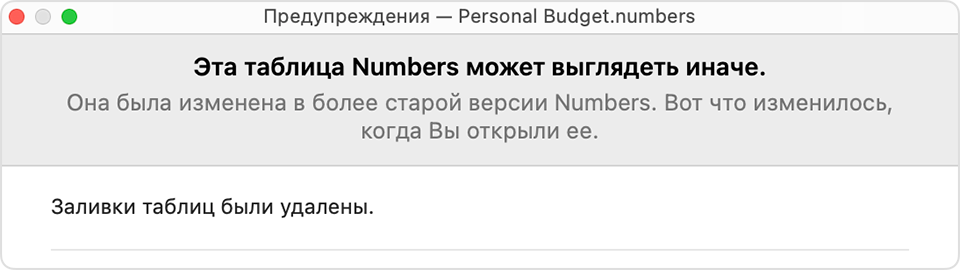 Предупреждение для Numbers «Эта таблица Numbers может выглядеть иначе».