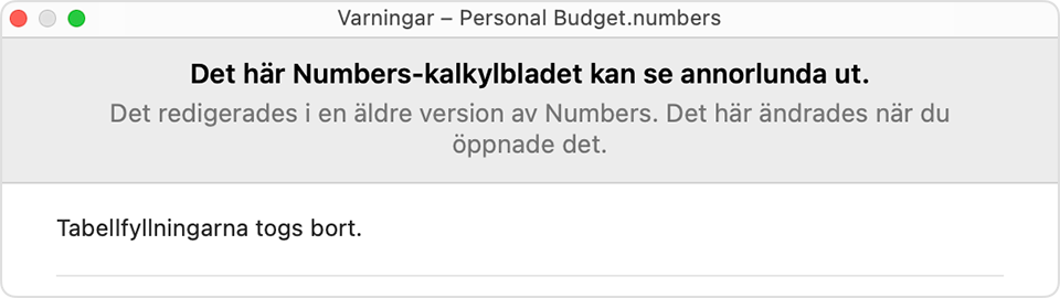 Varning i Numbers: det här Numbers-kalkylbladet kan se annorlunda ut.