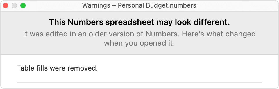 Numbers Warning "This Numbers spreadsheet may look different."