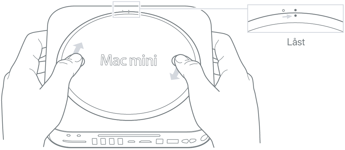 Undersiden på Mac mini med bunddækslet i låst position