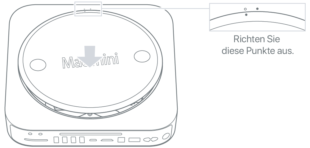 Unterseite des Mac mini mit der unteren Abdeckung in entriegelter Position.