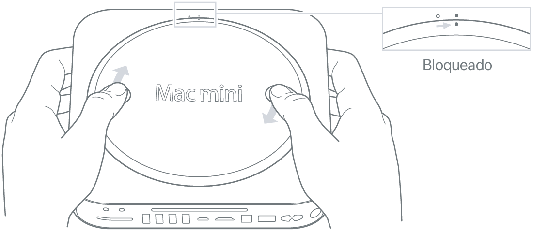 Parte inferior de la Mac mini en la que se muestra la cubierta inferior en posición bloqueada